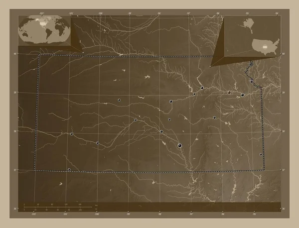 Канзас Штат Соединенные Штаты Америки Карта Высоты Окрашенная Сепиевые Тона — стоковое фото