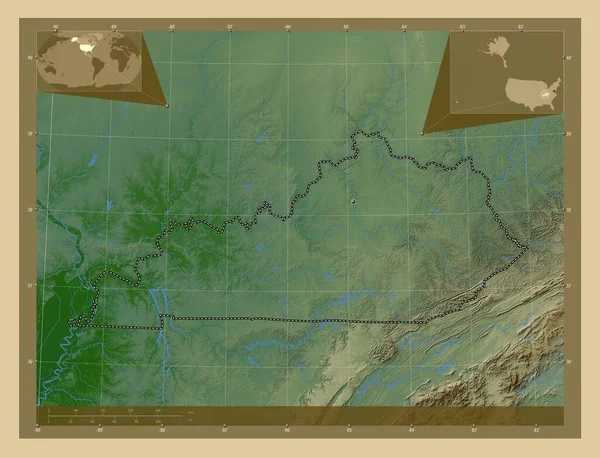 Кентукки Штат Соединенные Штаты Америки Цветная Карта Высоты Озерами Реками — стоковое фото