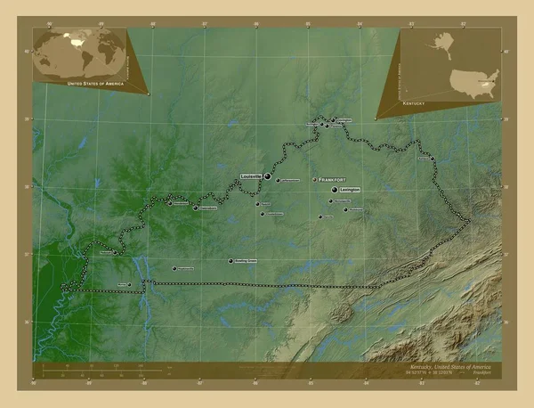 Κεντάκι Πολιτεία Των Ηπα Χρωματιστός Υψομετρικός Χάρτης Λίμνες Και Ποτάμια — Φωτογραφία Αρχείου