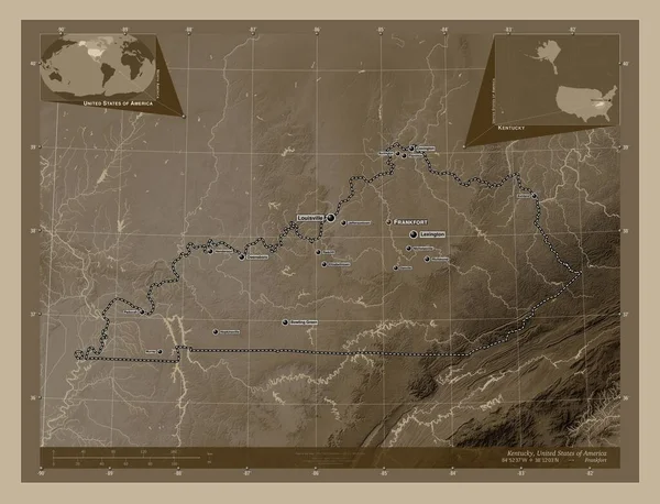 Кентукки Штат Соединенные Штаты Америки Карта Высоты Окрашенная Сепиевые Тона — стоковое фото