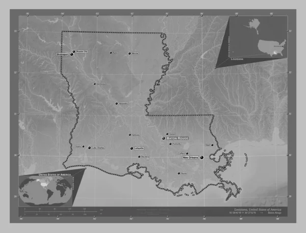 Luizjana Stan Stany Zjednoczone Ameryki Mapa Wzniesień Skali Szarości Jeziorami — Zdjęcie stockowe
