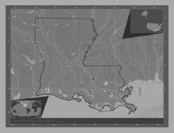Louisiana, state of United States of America. Bilevel elevation map with lakes and rivers. Corner auxiliary location maps