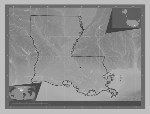 Louisiana, state of United States of America. Grayscale elevation map with lakes and rivers. Corner auxiliary location maps