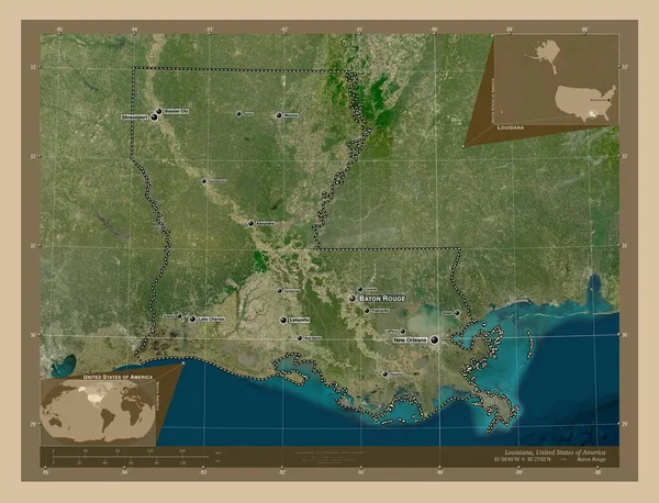 美国路易斯安那州路易斯安那州 低分辨率卫星地图 该区域主要城市的地点和名称 角辅助位置图 — 图库照片