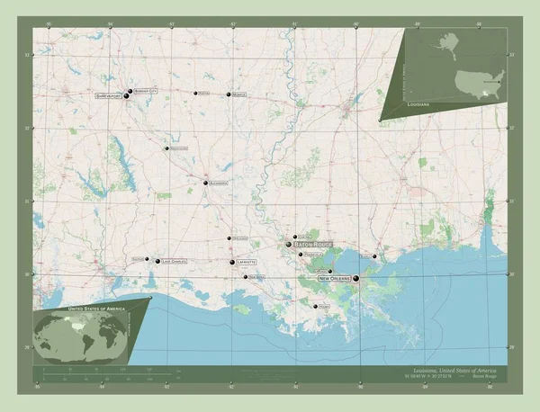 Louisiana, state of United States of America. Open Street Map. Locations and names of major cities of the region. Corner auxiliary location maps