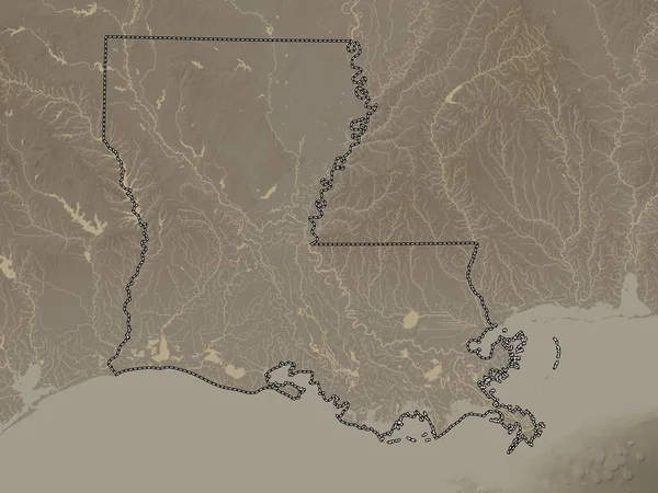 Louisiana, state of United States of America. Elevation map colored in sepia tones with lakes and rivers