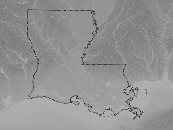 Louisiana, state of United States of America. Grayscale elevation map with lakes and rivers