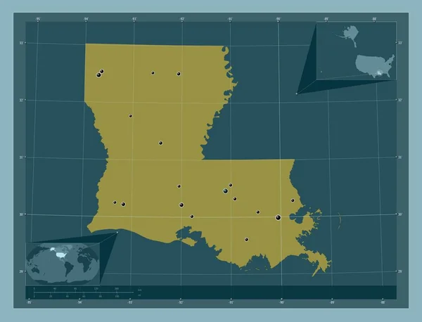 Louisiana, state of United States of America. Solid color shape. Locations of major cities of the region. Corner auxiliary location maps