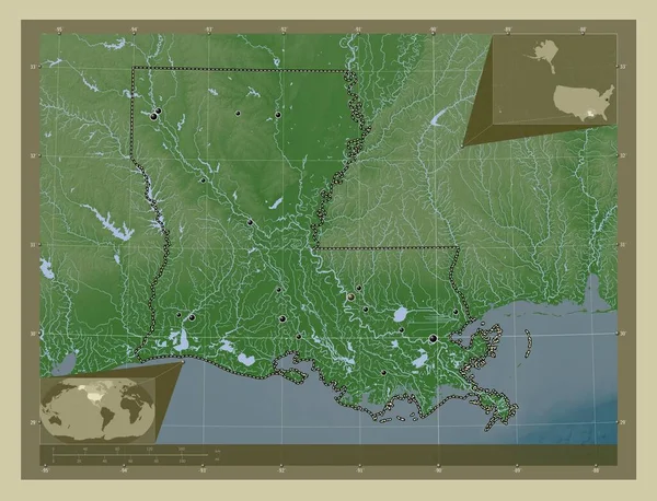 Louisiana, state of United States of America. Elevation map colored in wiki style with lakes and rivers. Locations of major cities of the region. Corner auxiliary location maps