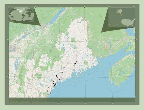 メイン州 アメリカ合衆国の州 ストリートマップを開く 地域の主要都市の場所 コーナー補助位置図 — ストック写真