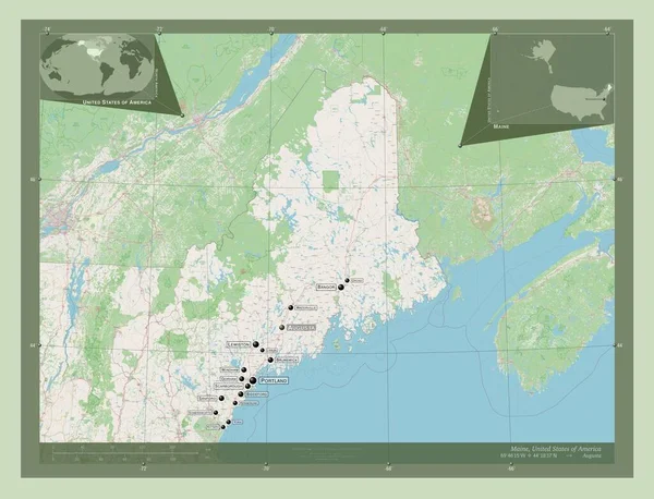 メイン州 アメリカ合衆国の州 ストリートマップを開く 地域の主要都市の位置と名前 コーナー補助位置図 — ストック写真