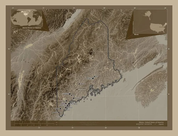 Maine Staat Van Verenigde Staten Van Amerika Hoogtekaart Gekleurd Sepia — Stockfoto
