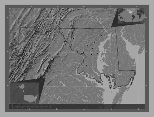 メリーランド州 アメリカ合衆国の州 湖や川と二階の標高マップ 地域の主要都市の場所 コーナー補助位置図 — ストック写真