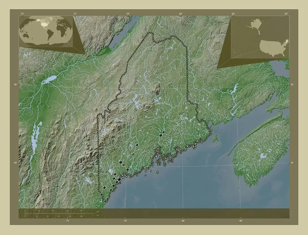 メイン州 アメリカ合衆国の州 湖や川とWikiスタイルで着色された標高マップ 地域の主要都市の場所 コーナー補助位置図 — ストック写真