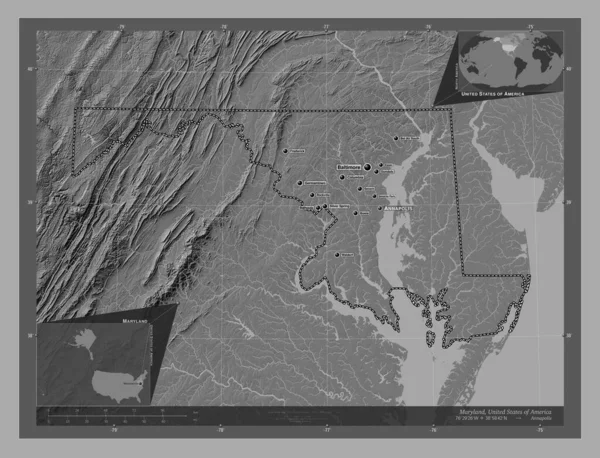 Maryland State United States America Bilevel Elevation Map Lakes Rivers — Stock Photo, Image