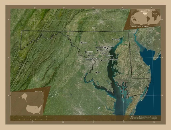 メリーランド州 アメリカ合衆国の州 低解像度衛星地図 地域の主要都市の位置と名前 コーナー補助位置図 — ストック写真