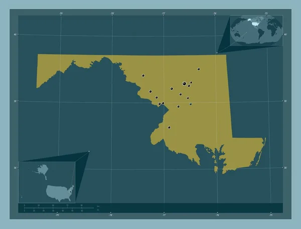 メリーランド州 アメリカ合衆国の州 しっかりした色の形 地域の主要都市の場所 コーナー補助位置図 — ストック写真