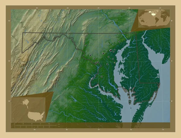 美国马里兰州马里兰 有湖泊和河流的彩色高程图 该区域主要城市的所在地点 角辅助位置图 — 图库照片