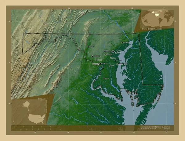 メリーランド州 アメリカ合衆国の州 湖や川と色の標高マップ 地域の主要都市の位置と名前 コーナー補助位置図 — ストック写真
