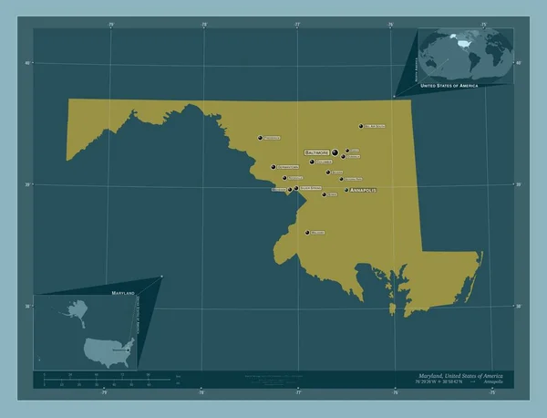 メリーランド州 アメリカ合衆国の州 しっかりした色の形 地域の主要都市の位置と名前 コーナー補助位置図 — ストック写真