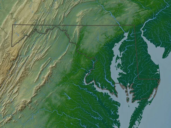 Maryland Amerikai Egyesült Államok Színes Domborzati Térkép Tavakkal Folyókkal — Stock Fotó