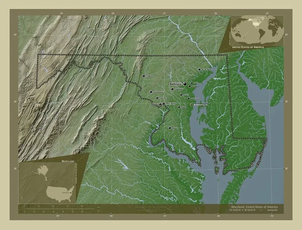 美国马里兰州马里兰 用Wiki风格绘制的带有湖泊和河流的高程地图 该区域主要城市的地点和名称 角辅助位置图 — 图库照片