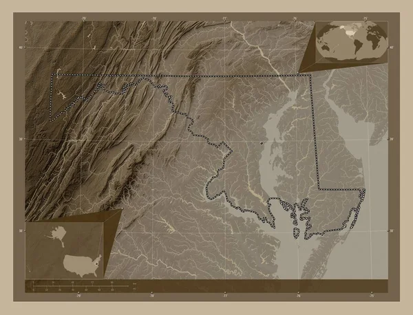 Maryland Stát Spojené Státy Americké Zdvihová Mapa Zbarvená Sépiovými Tóny — Stock fotografie