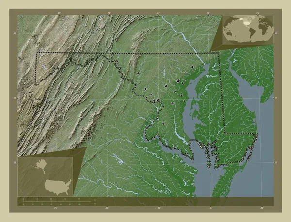 美国马里兰州马里兰 用Wiki风格绘制的带有湖泊和河流的高程地图 该区域主要城市的所在地点 角辅助位置图 — 图库照片