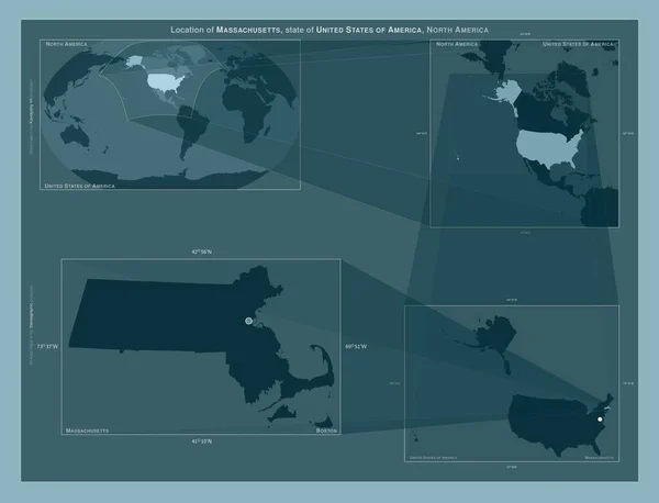Massachusetts Stan Nowy Jork Schemat Przedstawiający Położenie Regionu Mapach Większą — Zdjęcie stockowe