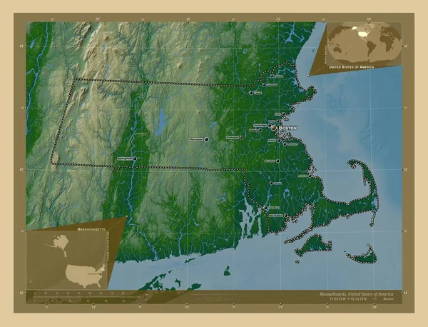 Massachusetts State United States America Colored Elevation Map Lakes Rivers — Stock Photo, Image