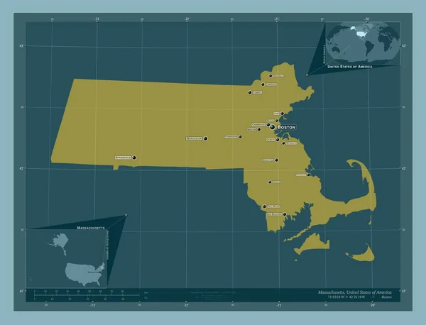 マサチューセッツ州 アメリカ合衆国の州 しっかりした色の形 地域の主要都市の位置と名前 コーナー補助位置図 — ストック写真