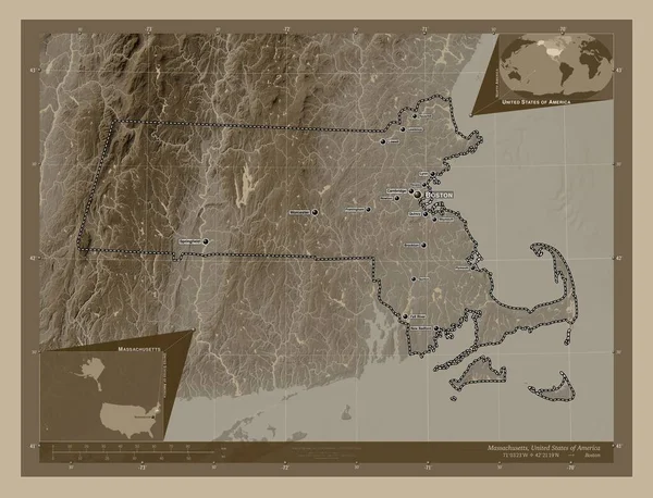 Massachusetts Amerika Birleşik Devletleri Yükseklik Haritası Sepya Tonlarında Göller Nehirlerle — Stok fotoğraf
