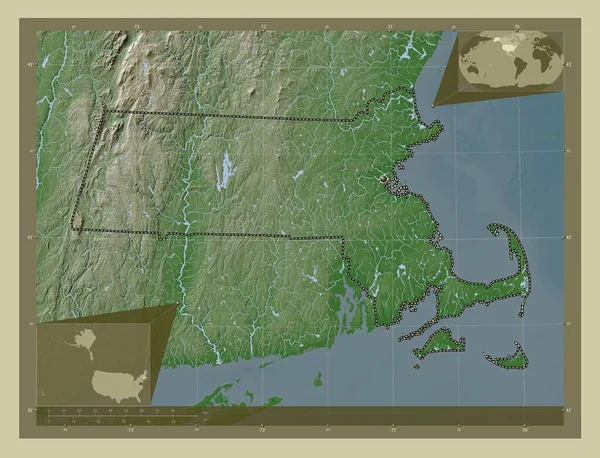 Massachusetts Amerikai Egyesült Államok Magassági Térkép Színes Wiki Stílusban Tavak — Stock Fotó
