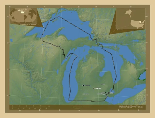 Michigan Stan Stany Zjednoczone Ameryki Kolorowa Mapa Wzniesień Jeziorami Rzekami — Zdjęcie stockowe