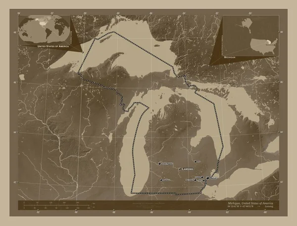 Michigan Stát Spojené Státy Americké Zdvihová Mapa Zbarvená Sépiovými Tóny — Stock fotografie