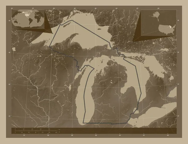 Michigan Estado Los Estados Unidos América Mapa Elevación Coloreado Tonos —  Fotos de Stock