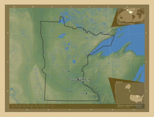 ミネソタ州 アメリカ合衆国の州 湖や川と色の標高マップ 地域の主要都市の位置と名前 コーナー補助位置図 — ストック写真