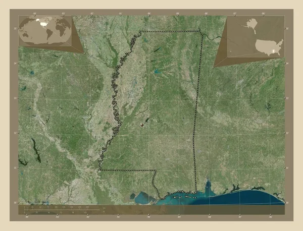ミシシッピ州 アメリカ合衆国の州 高解像度衛星地図 コーナー補助位置図 — ストック写真