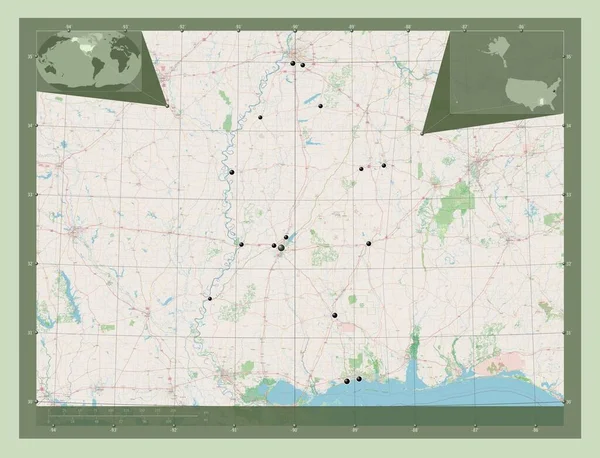 密西西比 美利坚合众国的州 开放街道地图 该区域主要城市的所在地点 角辅助位置图 — 图库照片