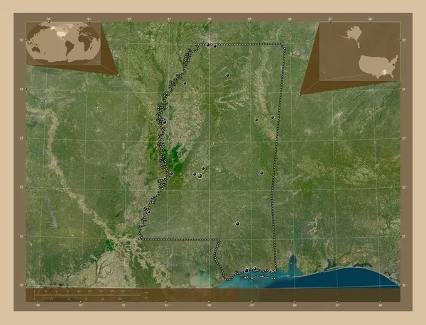 密西西比 美利坚合众国的州 低分辨率卫星地图 该区域主要城市的所在地点 角辅助位置图 — 图库照片