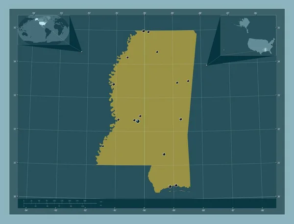 ミシシッピ州 アメリカ合衆国の州 しっかりした色の形 地域の主要都市の場所 コーナー補助位置図 — ストック写真