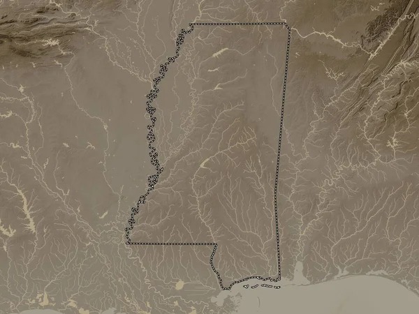 密西西比 美利坚合众国的州 带有湖泊和河流的深紫色色调的高程图 — 图库照片