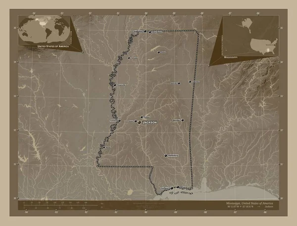 Mississippi Stan Stany Zjednoczone Ameryki Mapa Elewacji Kolorowe Sepia Dźwięki — Zdjęcie stockowe