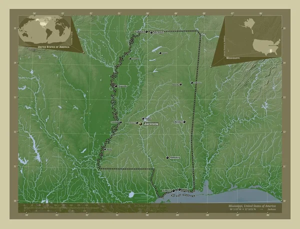 ミシシッピ州 アメリカ合衆国の州 湖や川とWikiスタイルで着色された標高マップ 地域の主要都市の位置と名前 コーナー補助位置図 — ストック写真