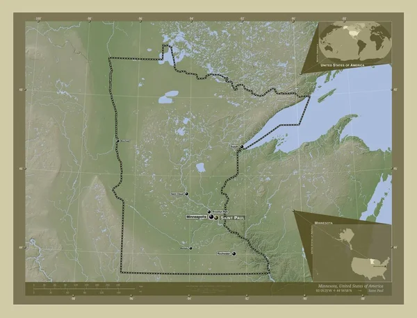美国明尼苏达州 明尼苏达州 用Wiki风格绘制的带有湖泊和河流的高程地图 该区域主要城市的地点和名称 角辅助位置图 — 图库照片