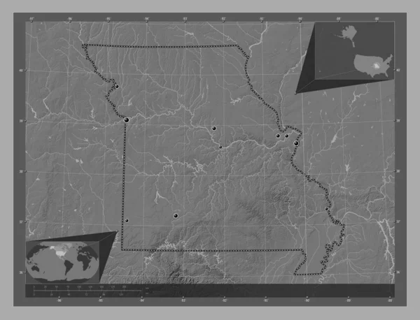 Missouri Stan Stany Zjednoczone Ameryki Dwupoziomowa Mapa Jeziorami Rzekami Lokalizacje — Zdjęcie stockowe