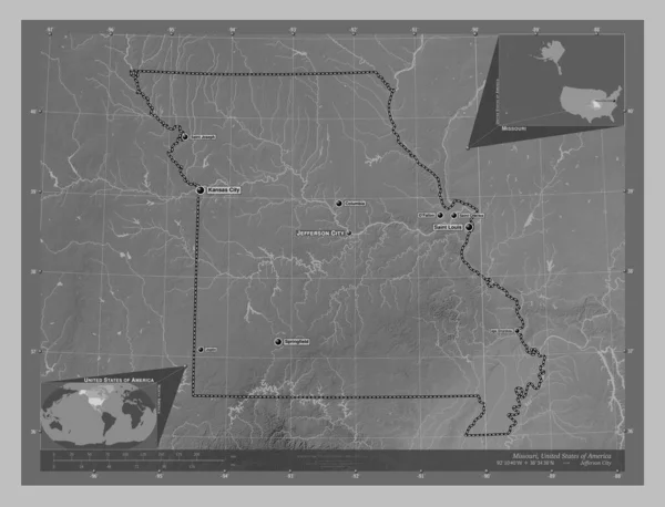 Миссури Штат Соединенные Штаты Америки Карта Высот Оттенках Серого Озерами — стоковое фото