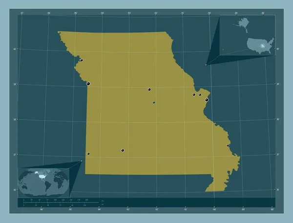 密苏里州 美利坚合众国 固体的颜色形状 该区域主要城市的所在地点 角辅助位置图 — 图库照片