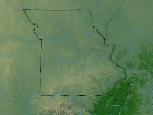 Missouri Verenigde Staten Van Amerika Gekleurde Hoogtekaart Met Meren Rivieren — Stockfoto