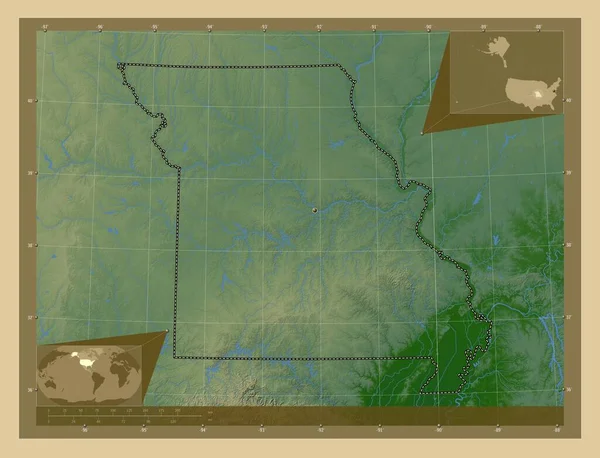 Μιζούρι Πολιτεία Των Ηπα Χρωματιστός Υψομετρικός Χάρτης Λίμνες Και Ποτάμια — Φωτογραφία Αρχείου